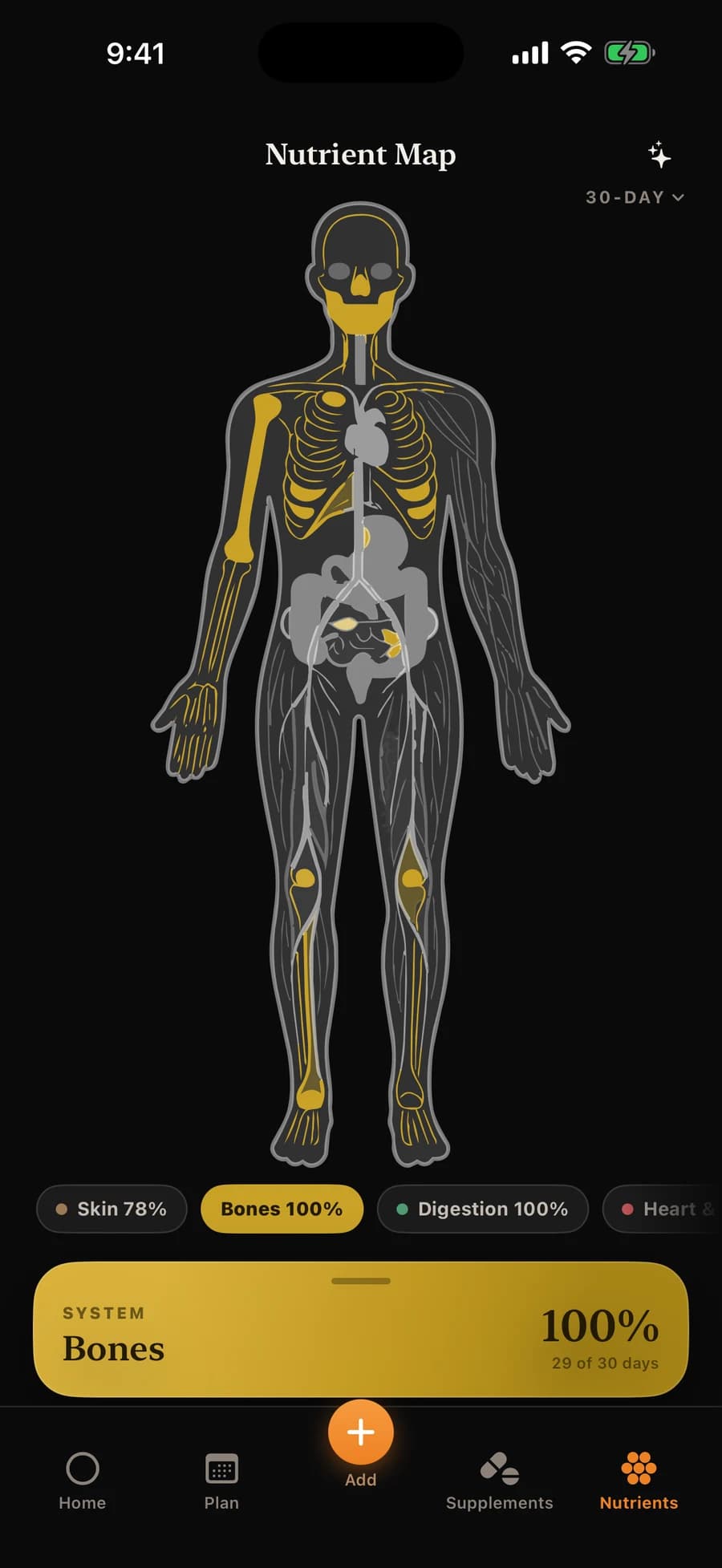 MacroMile Nutrient Map in the Black theme, with an illustrated body and nutrients grouped by body system.