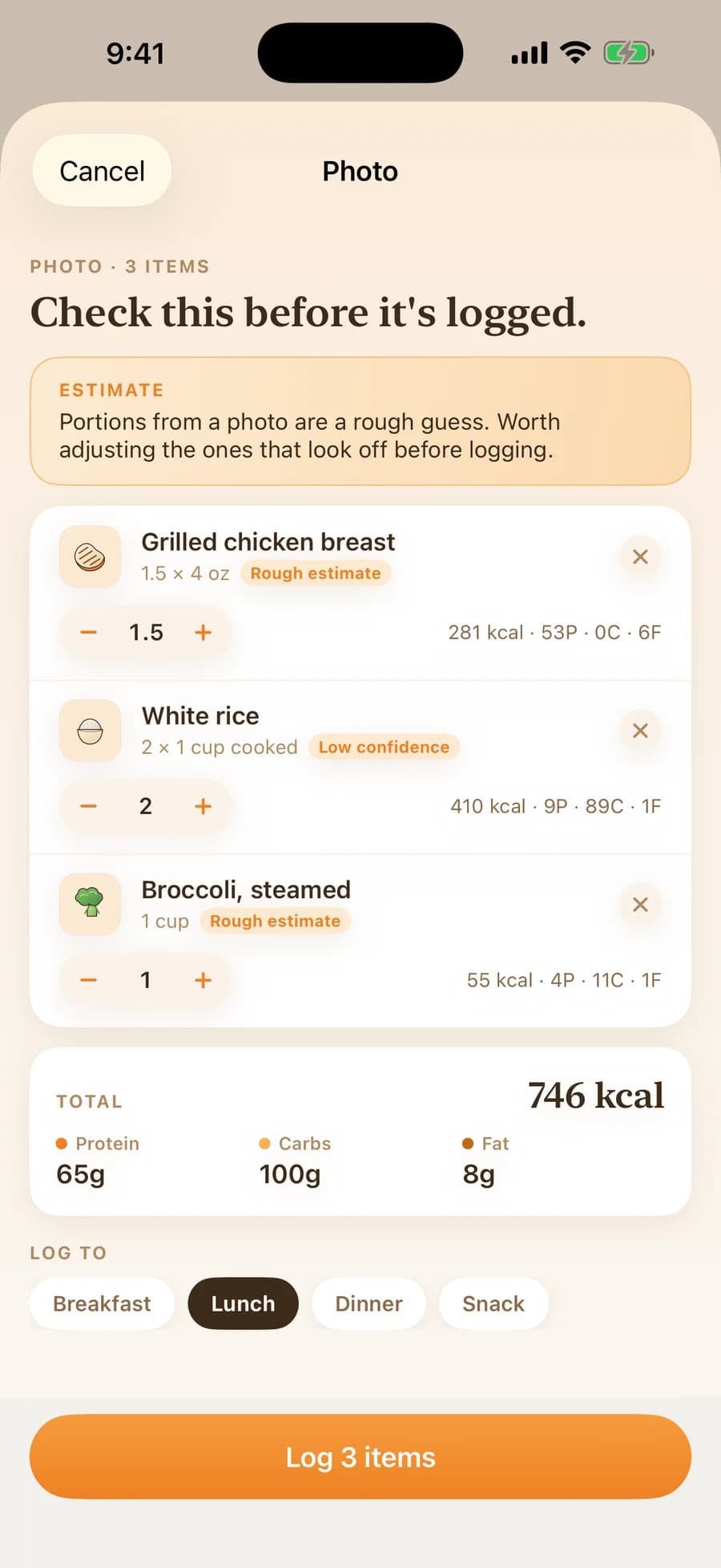 Photo logging review showing chicken, rice and broccoli, estimated portions, confidence labels, and editable nutrition totals before confirmation.